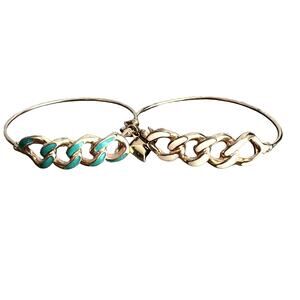 Gold tone white and green enamel braided link cuff bracelet set